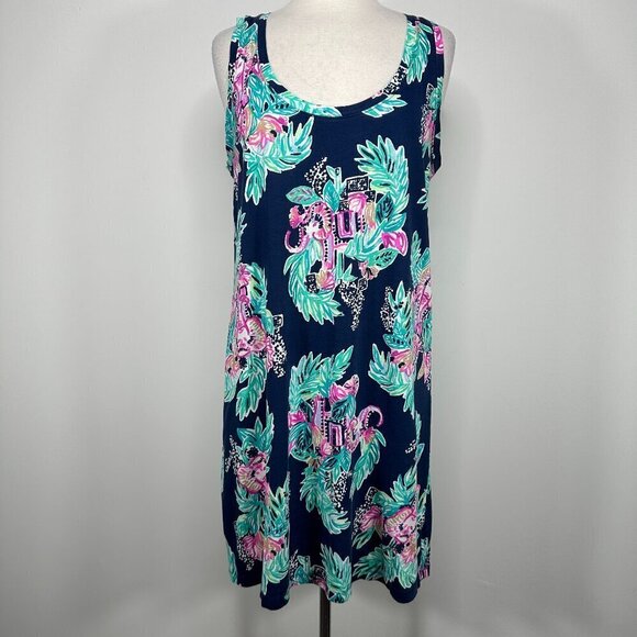 New Lilly Pulitzer Raylee Sleeveless Inky Navy Peanut Gallery Printed Dress L - Picture 1 of 10
